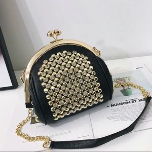 Faux Diamond and Gold Studded Black Purse